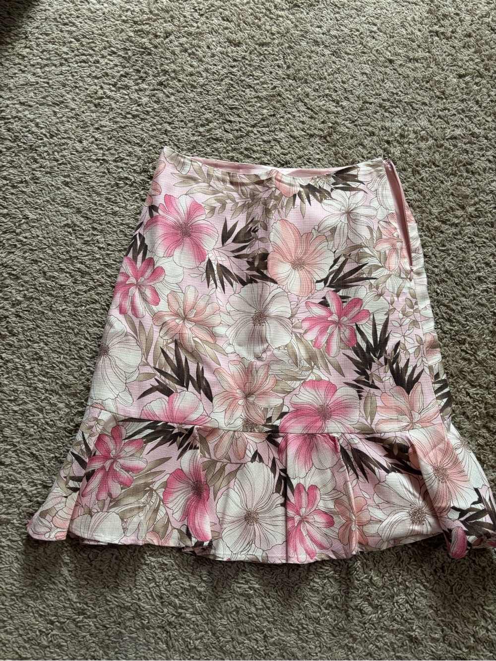 LOFT Pink Floral A-Line Skirt with Ruffle Hem